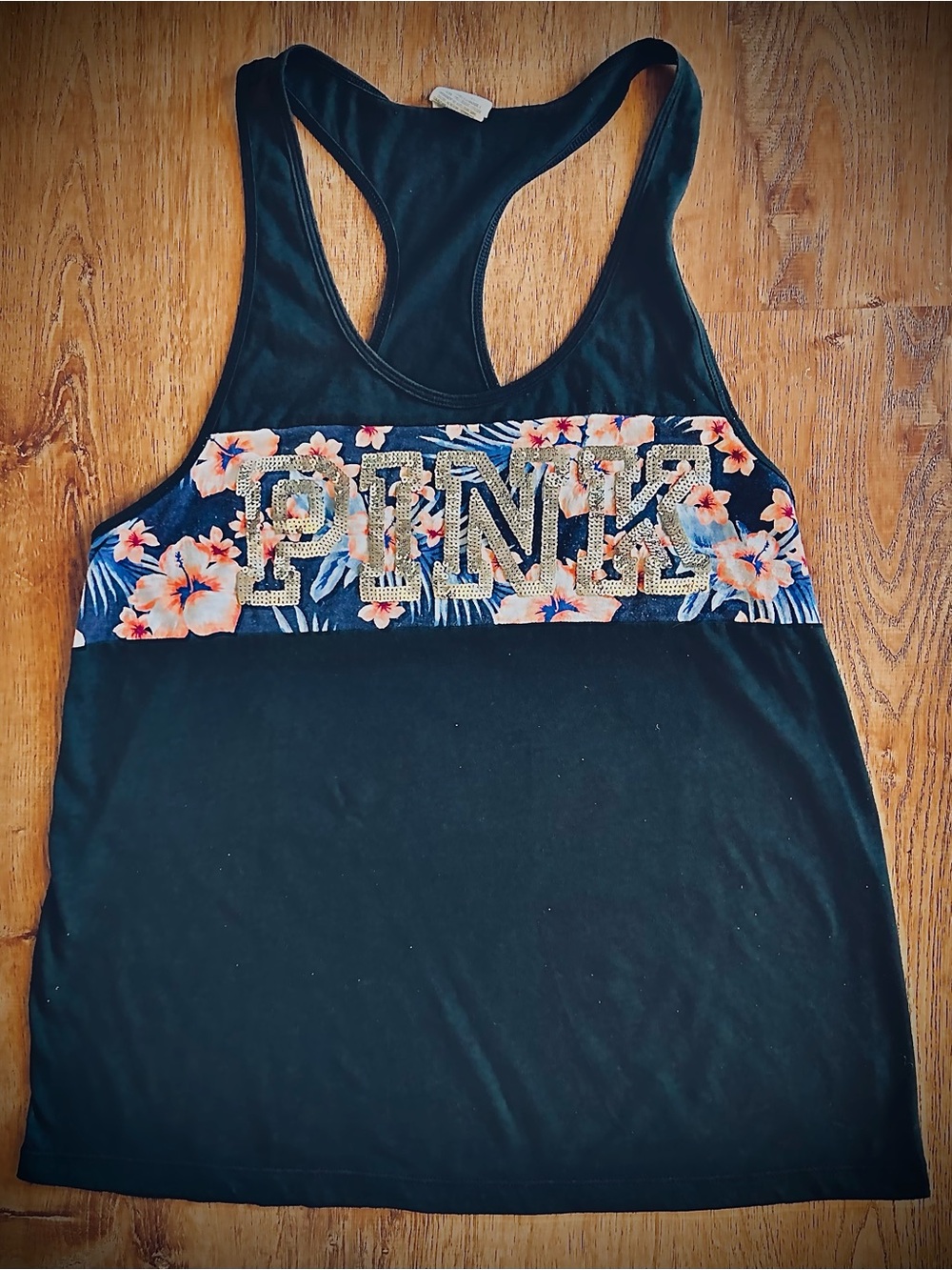 PINK Victoria's Secret Navy Blue Racerback Tank with Floral Band Rhinestone Logo